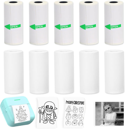 10 Rolls Mini Printer Sticker Paper Refill 57 X 25Mm 5 Rolls Sef-Adheisive 5 Rolls Plain for T02/M02 （Need Remove Paper Holder）Thermal Sticker Paper Rolls for Study Notes Photos Journals Memo Lists