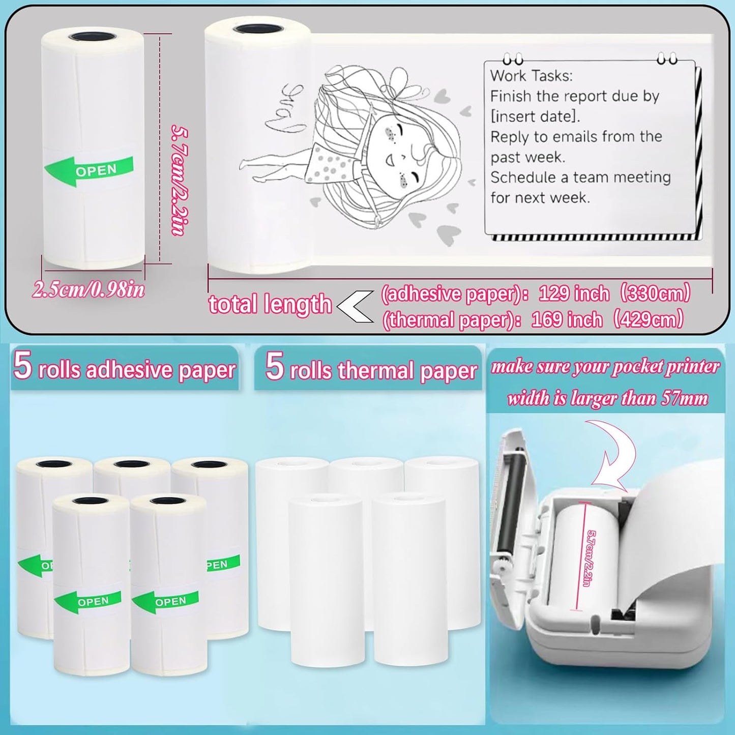 10 Rolls Mini Printer Sticker Paper Refill 57 X 25Mm 5 Rolls Sef-Adheisive 5 Rolls Plain for T02/M02 （Need Remove Paper Holder）Thermal Sticker Paper Rolls for Study Notes Photos Journals Memo Lists