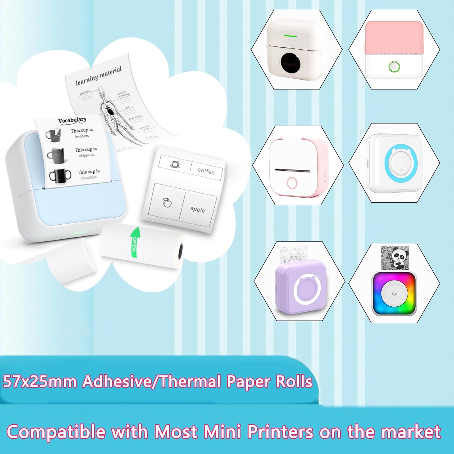 10 Rolls Mini Printer Sticker Paper Refill 57 X 25Mm 5 Rolls Sef-Adheisive 5 Rolls Plain for T02/M02 （Need Remove Paper Holder）Thermal Sticker Paper Rolls for Study Notes Photos Journals Memo Lists