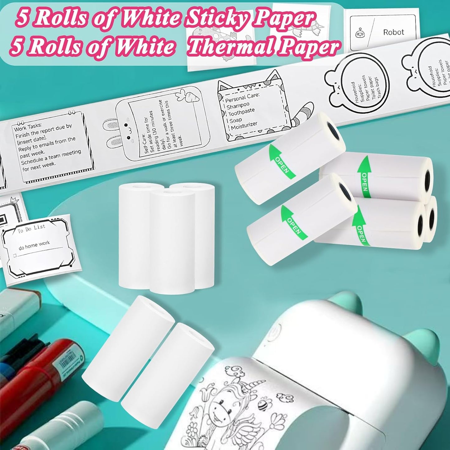 10 Rolls Mini Printer Sticker Paper Refill 57 X 25Mm 5 Rolls Sef-Adheisive 5 Rolls Plain for T02/M02 （Need Remove Paper Holder）Thermal Sticker Paper Rolls for Study Notes Photos Journals Memo Lists