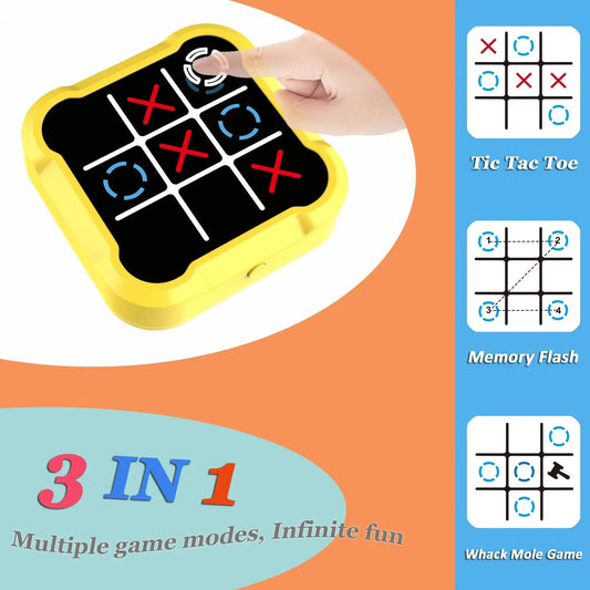 Electronic Tic Tac Toe Game, 3-In-1 Handheld Digital Puzzle Game Console, Portable Learning Travel Toys, Ideal Gift for Kids of All Ages, Yellow