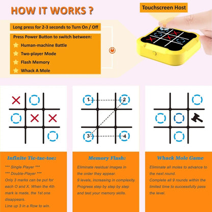 Electronic Tic Tac Toe Game, 3-In-1 Handheld Digital Puzzle Game Console, Portable Learning Travel Toys, Ideal Gift for Kids of All Ages, Yellow