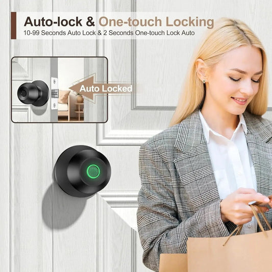 Fingerprint Door Lock - Smart Door Knob with App Smart Lock for Bedroom Door - Keyless Entry - Type-C Port Emergency Charging, Biometric Lock Great for Room, Garage, Office, Apartment (Black)