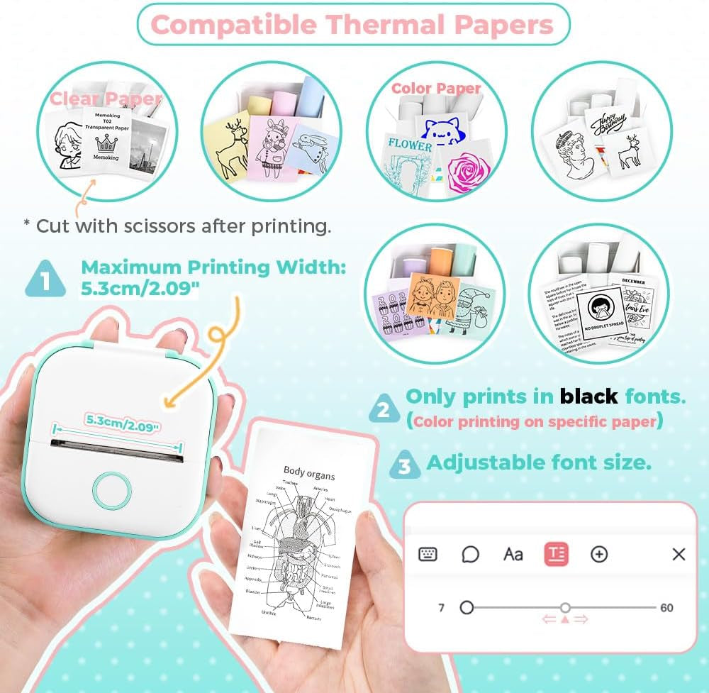 Sticker Printer - Mini Thermal Sticker Printer, T02 Inkless Pocket Label Maker, Bluetooth Portable Photo Printer, Instant Print Perfect for Students School Supplies,Flashcards, Journals