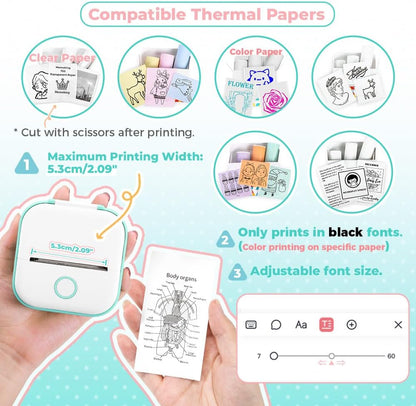 Sticker Printer - Mini Thermal Sticker Printer, T02 Inkless Pocket Label Maker, Bluetooth Portable Photo Printer, Instant Print Perfect for Students School Supplies,Flashcards, Journals